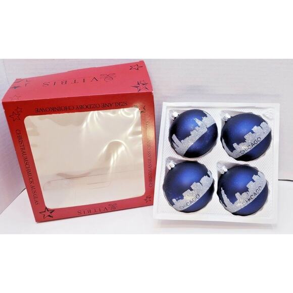 New 4 Pack VITBIS Poland Glass Ornaments Blue Glitter Chicago Illinois Skyline - Picture 1 of 7